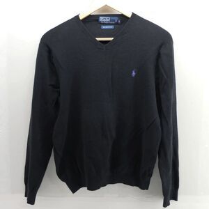Polo Ralph Lauren Black V Neck Sweater Mens M 100% Pima Cotton Logo Lightweight